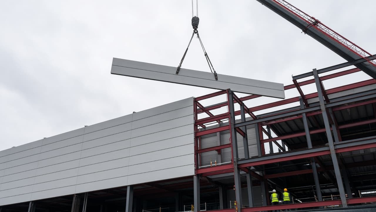 Crane lifting an insulated metal panel onto a steel-framed building