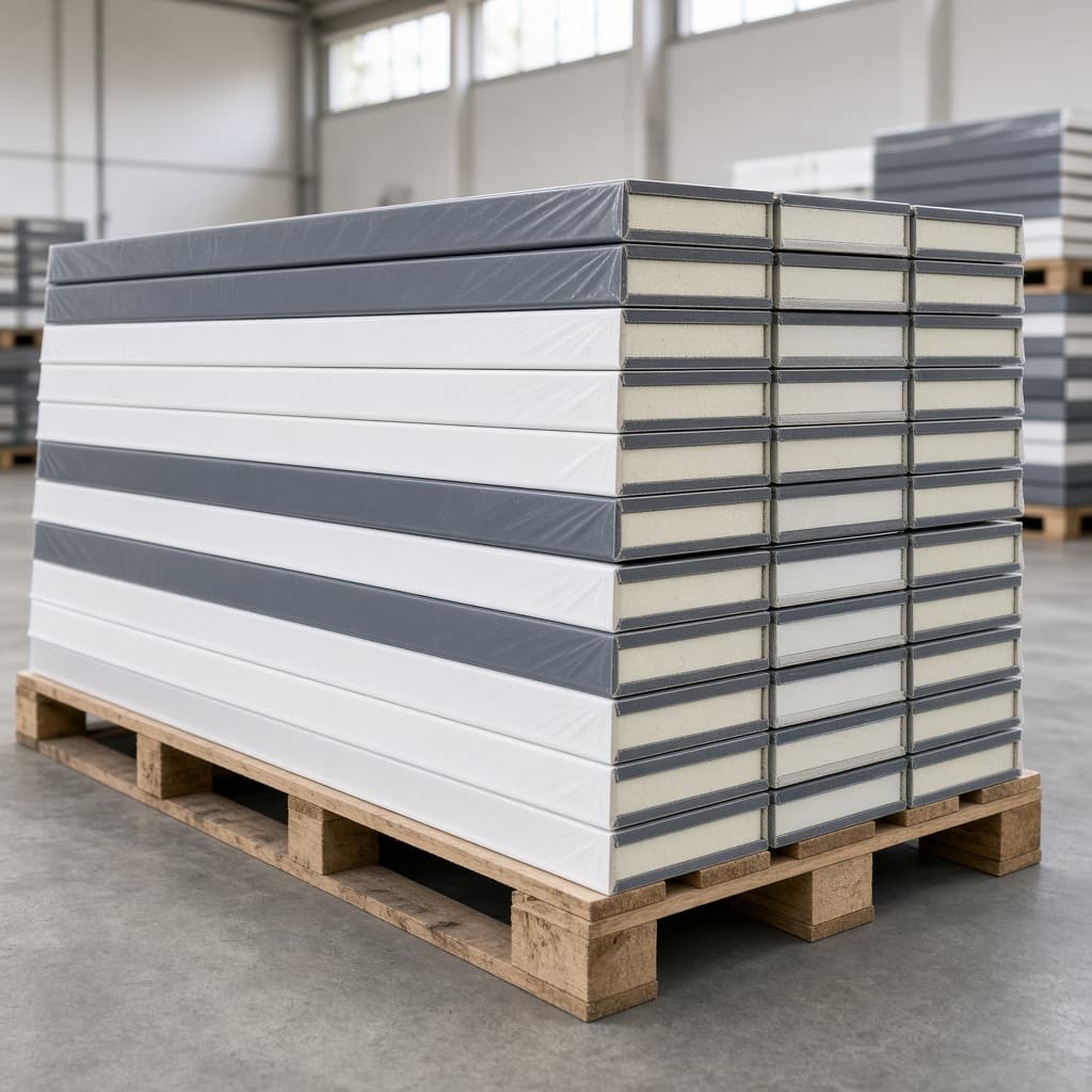 Bundled insulated metal panels staged on pallets in a warehouse